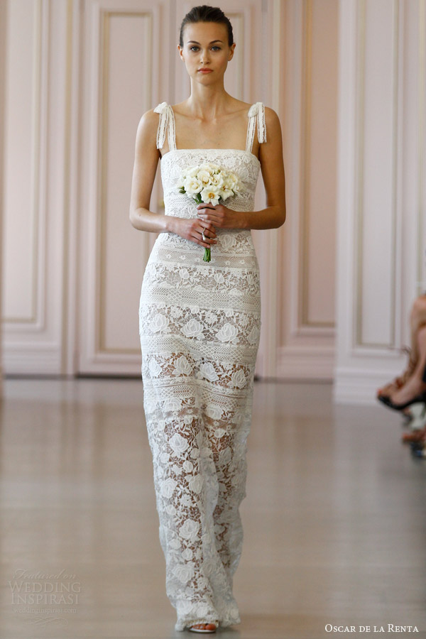 oscar de la renta bridal spring 2016 rose corded macrame corded band lace column wedding dress