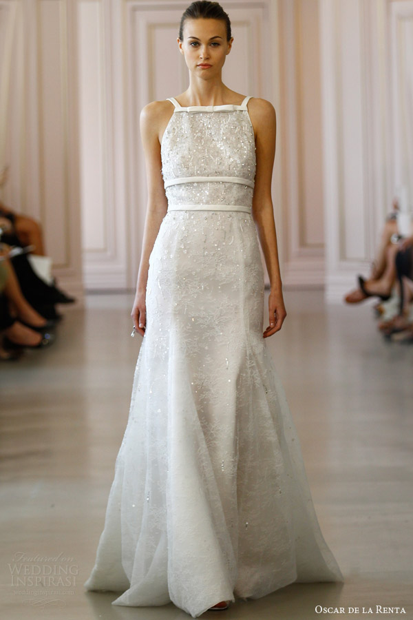 oscar de la renta spring 2016 bridal chantilly lace wedding dress crystal sequin embroidery adzimir belt