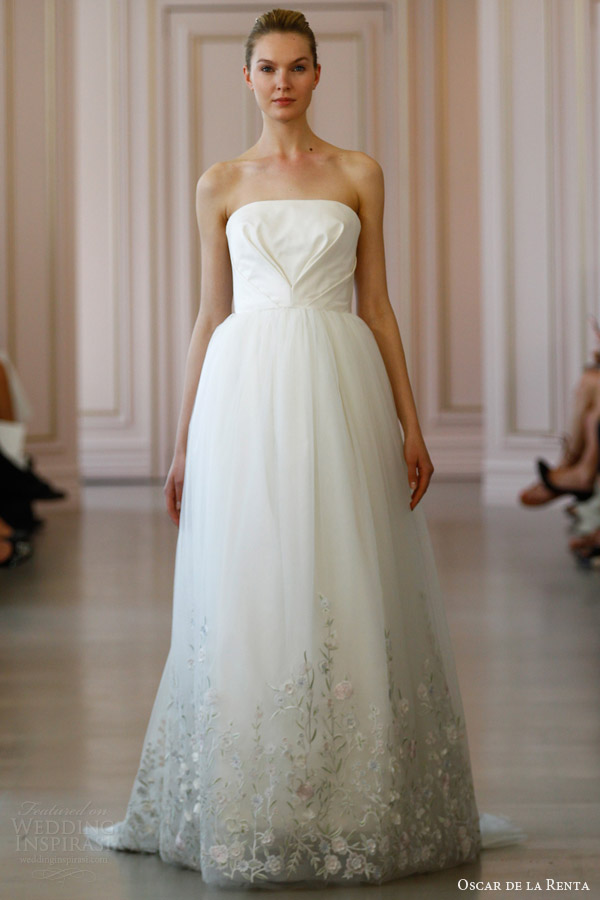 oscar de la renta spring 2016 bridal silk radzimir tulle ball gown wedding dress pastel floral embroidered hem