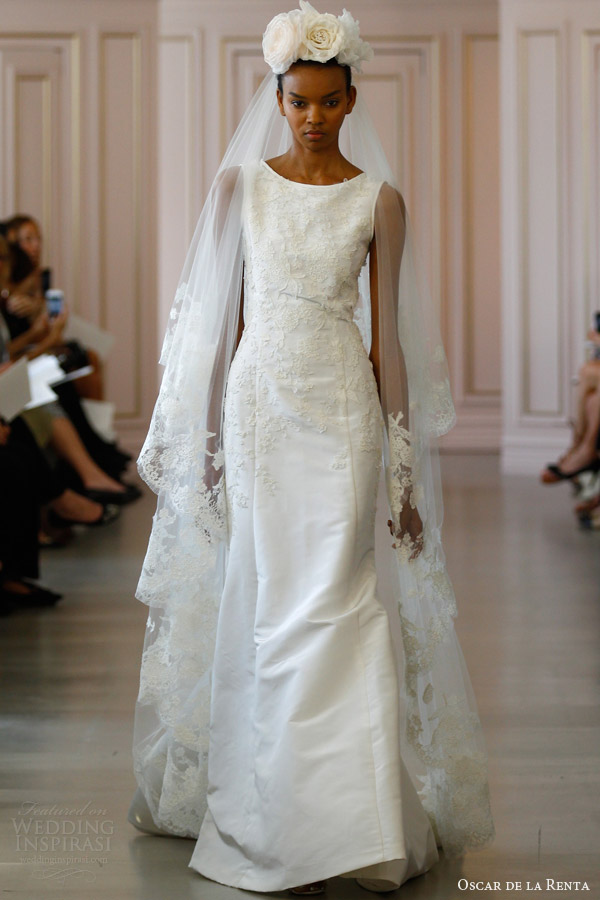 oscar de la renta spring 2016 bridal sleeveless silk faille trumpet wedding gown floral lace embroidery