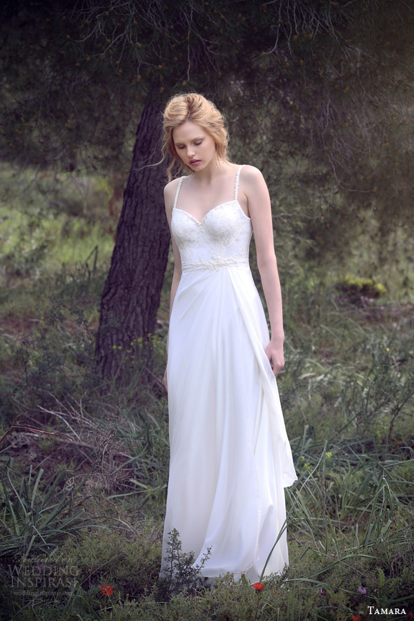 tamara bridal 2015 sleeveless wedding dress embellished straps draped skirt full view