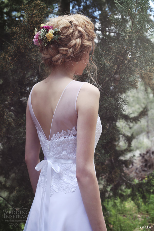 tamara bridal 2015 sleeveless wedding dress illusion neckline lace bodice belt a line back view