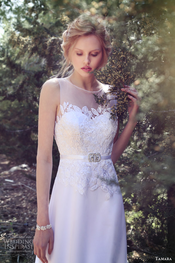 tamara bridal 2015 sleeveless wedding dress illusion neckline lace bodice belt a line close up
