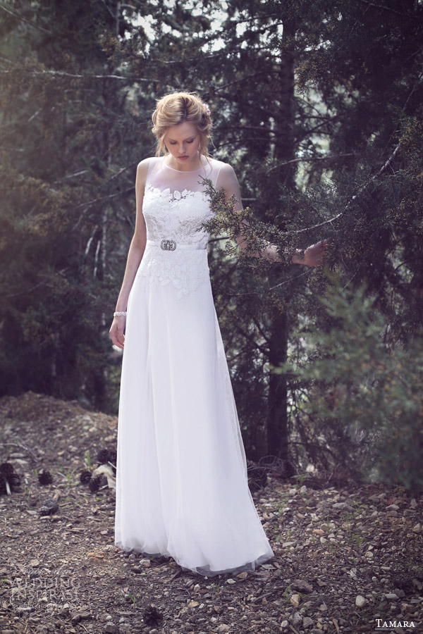 tamara bridal 2015 sleeveless wedding dress illusion neckline lace bodice belt a line