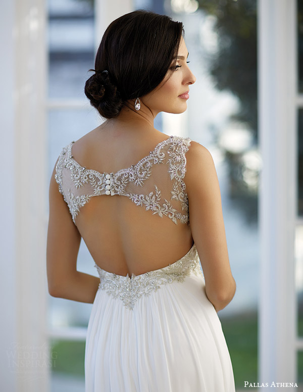 venus bridal fall 2015 pallas athena pa9220 wedding dress beaded illusion neckline drape skirt ruched sweetheart bodice keyhole back close up