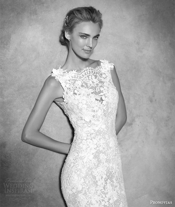 atelier pronovias 2016 haute couture bridal ilari sleeveless lace guipure gemstone mermaid wedding dress close up bodice