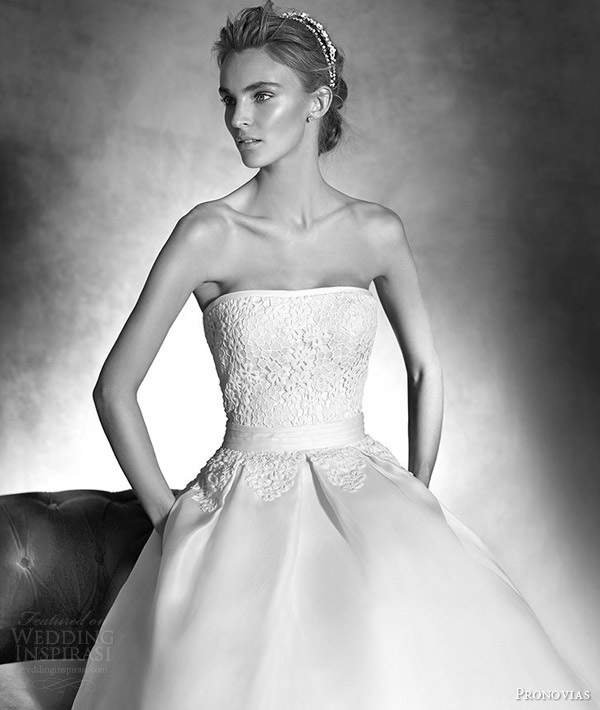 atelier pronovias 2016 irina strapless organza guipure princess wedding dress pleat skirt
