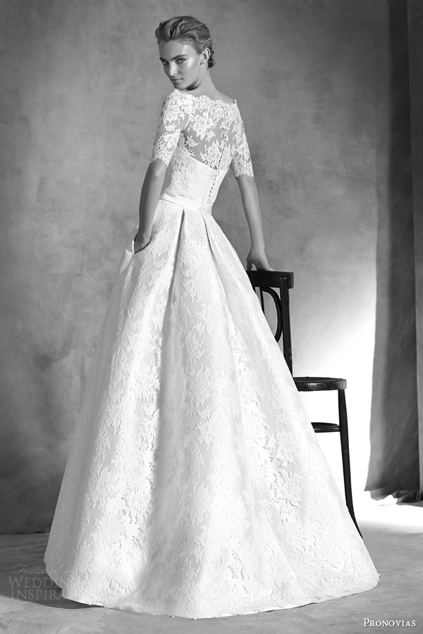 atelier pronovias bridal 2016 italia strapless mikado silk bodice lace skirt wedding dress off shoulder lace jacket back view