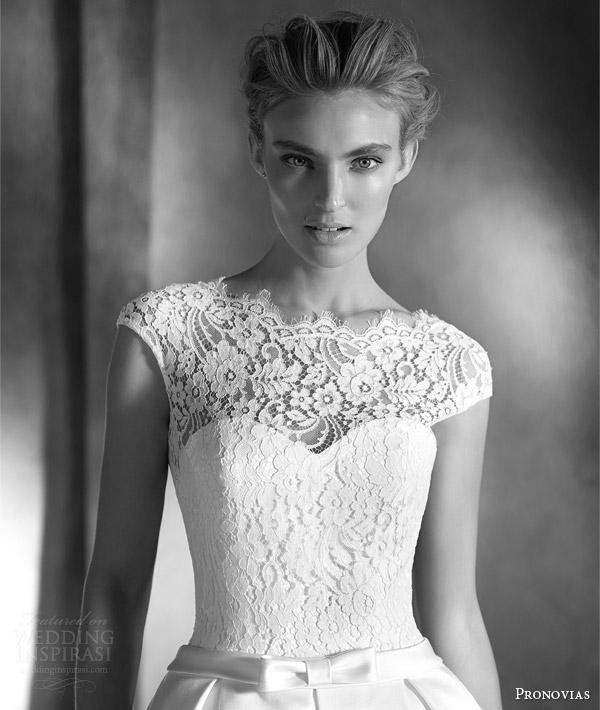 atelier pronovias bridal 2016 ivette a line lace cap sleeve haute couture wedding dress close up bodice