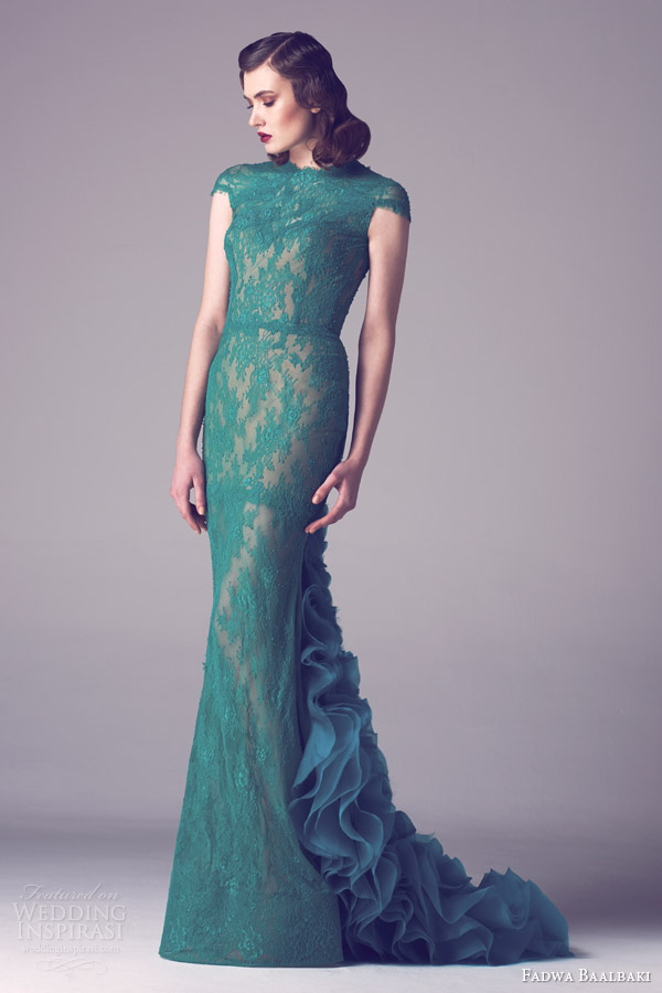 fadwa baalbaki spring 2015 couture cap sleeve green colored lace gown ruffle back train