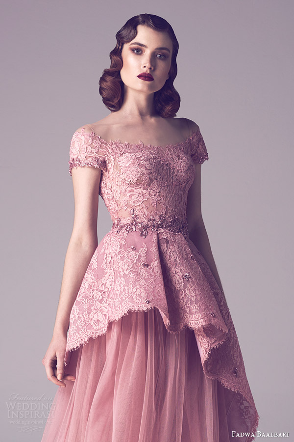 fadwa baalbaki spring 2015 couture cap sleeve pink blush lace peplum bodice gown close up detail