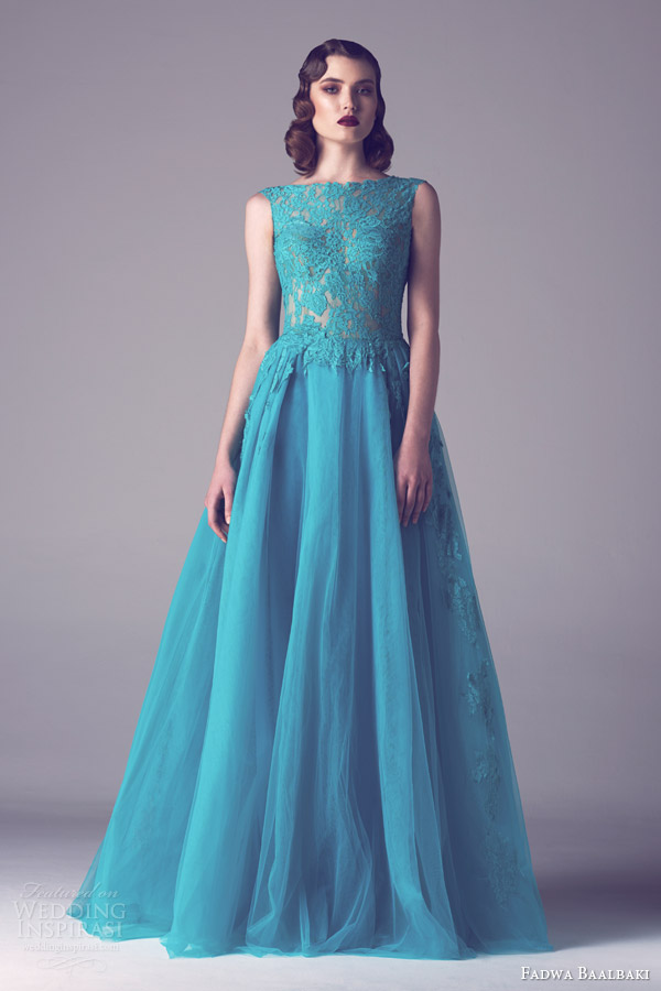 fadwa baalbaki spring 2015 couture sleeveless lace bodice blue green turquoise aquamarine wedding dress