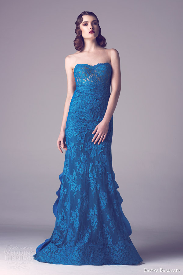 fadwa baalbaki spring 2015 couture strapless blue lace gown ruffle back train