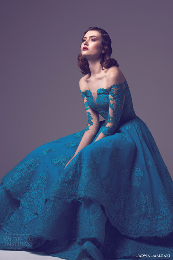fadwa baalbaki spring 2015 off shoulder lace couture gown tiered lace skirt split bodice side view