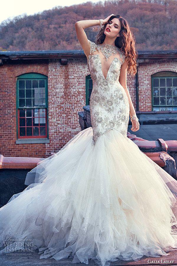 galia lahav spring 2016 bridal dresses high jeweled collar sheer long sleeves plunging v neckline beaded mermaid wedding dress felicity