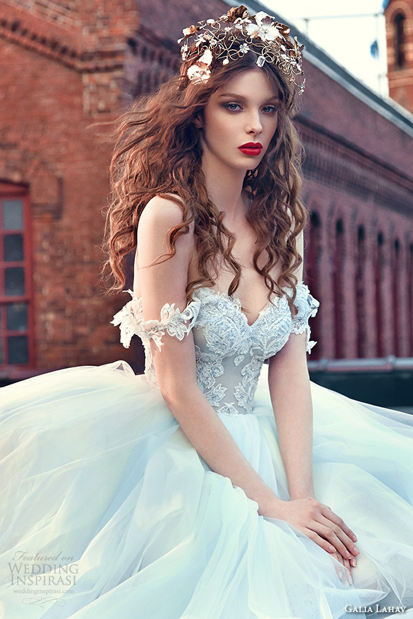 galia lahav spring 2016 bridal dresses off the shoulder sweetheart neckline corset emebroidered bodice wedding ball gown dres cinderella closeup