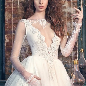 galia lahav spring 2016 bridal dresses sheer long sleeves deep v plunging neckline wedding ball gown dress snow white closeup