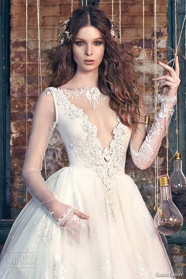 galia lahav spring 2016 bridal dresses sheer long sleeves deep v plunging neckline wedding ball gown dress snow white closeup