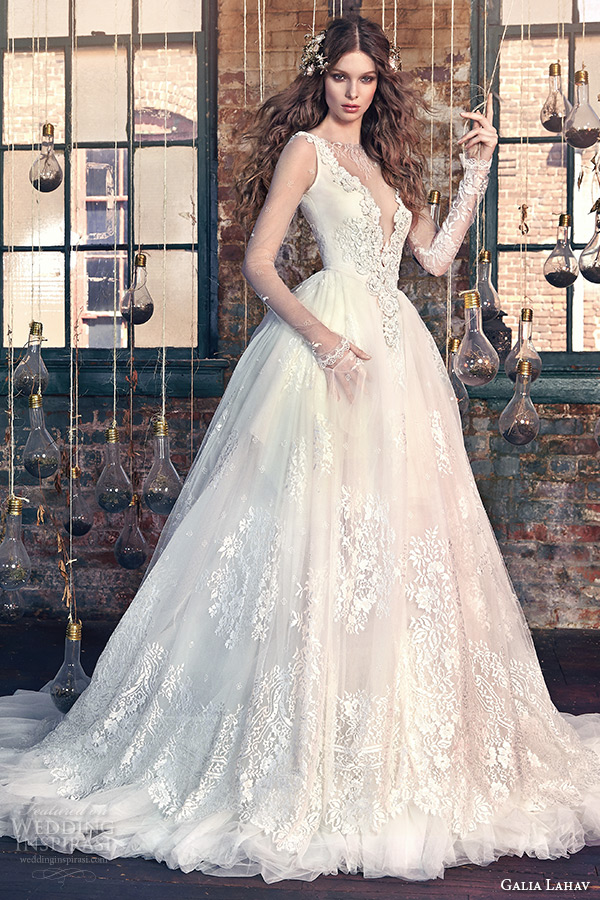 galia lahav spring 2016 bridal dresses sheer long sleeves deep v plunging neckline wedding ball gown dress snow white