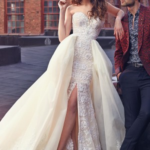 galia lahav spring 2016 bridal dresses strapless sweetheart corset beaded front split sheath wedding dress with ivory overlay ball gown skirt crystal