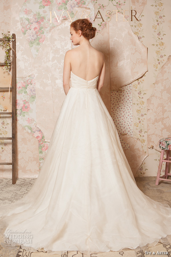 ivy and aster spring 2016 bridal crumb catcher neckline ivory champagne a line wedding dress with pockets back view