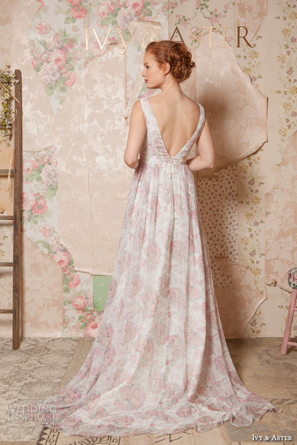 ivy and aster spring 2016 bridal deep v neck plunging neckline pink floral a line wedding dress back view