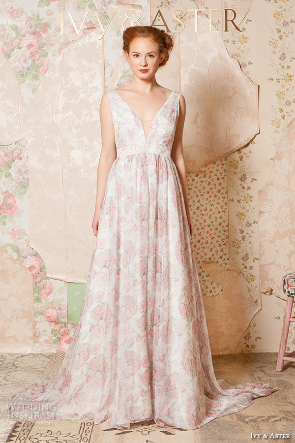 ivy and aster spring 2016 bridal deep v neck plunging neckline pink floral a line wedding dress