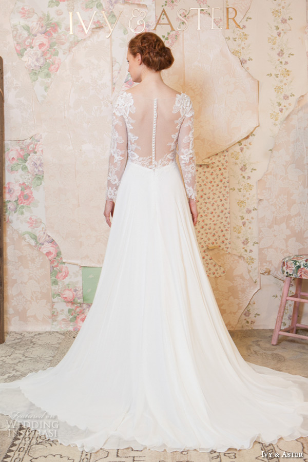 ivy and aster spring 2016 bridal long sleeves lace v neckline modified a line wedding dress back view