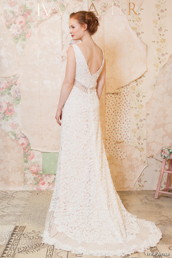 ivy and aster spring 2016 bridal sleeveless strap v neck floral leaf embroidered sheath wedding dress back view