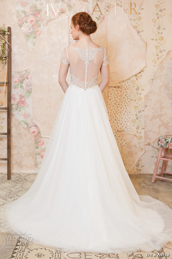 ivy and aster spring 2016 bridal square neckline bateau boat necklne short sleeves  a line wedding dress back view