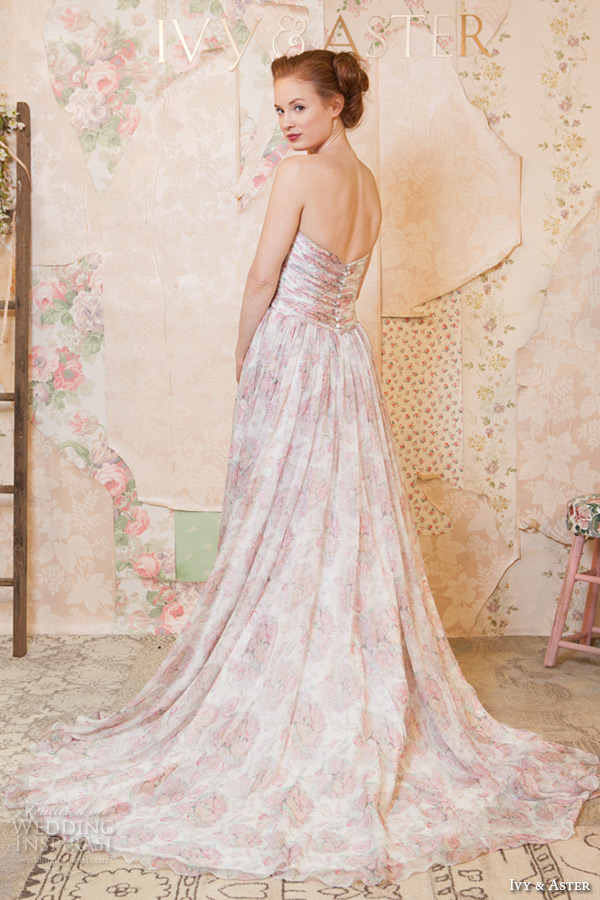 ivy and aster spring 2016 bridal sweetheart neckline strapless pink floral prints a line wedding dress back view
