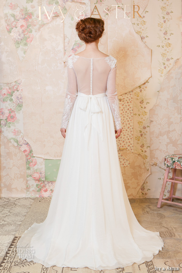 ivy and aster spring 2016 bridal v neckline sheer long sleeves lace trim modified a line wedding dress back view