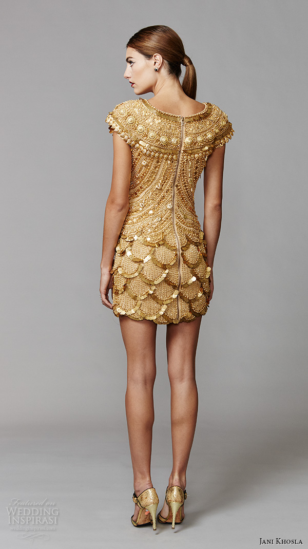 jani khosla 2015 bridal evening dress bateau neckline cap sleeves gold short skirt kama sutra indian jewelry motif back jani khosla 2015 bridal evening dress bateau neckline cap sleeves gold short skirt kama sutra indian jewelry motif back