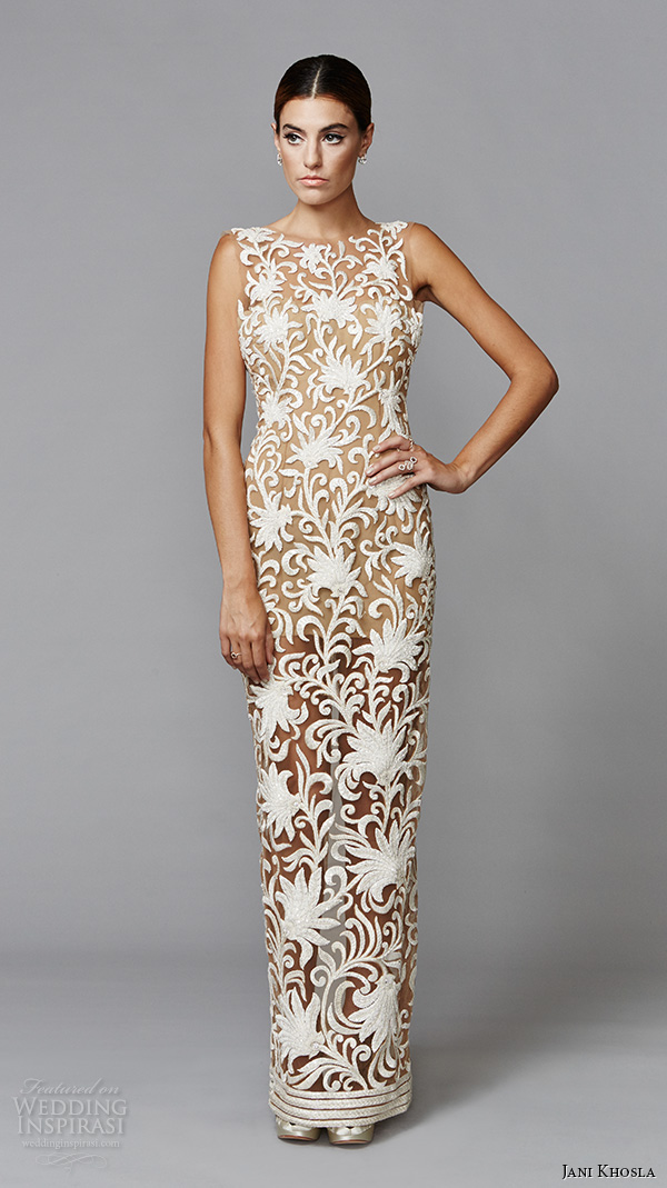 jani khosla 2015 bridal evening dress bateau neckline sleeveless leaf filigree lace sheer sheath silk floss raffia gown aisha jani khosla 2015 bridal evening dress bateau neckline sleeveless leaf filigree lace sheer sheath silk floss raffia gown aisha