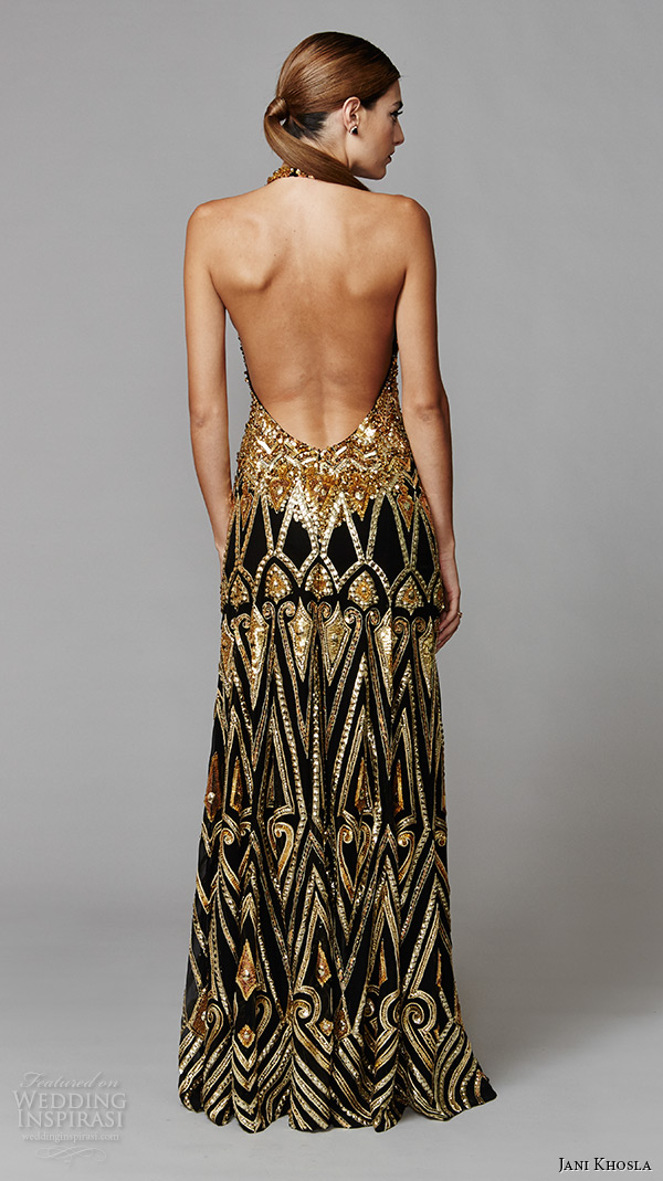 jani khosla 2015 bridal evening dress halter neck gold glitter crystals beaded sheath bridal gown art deco back view