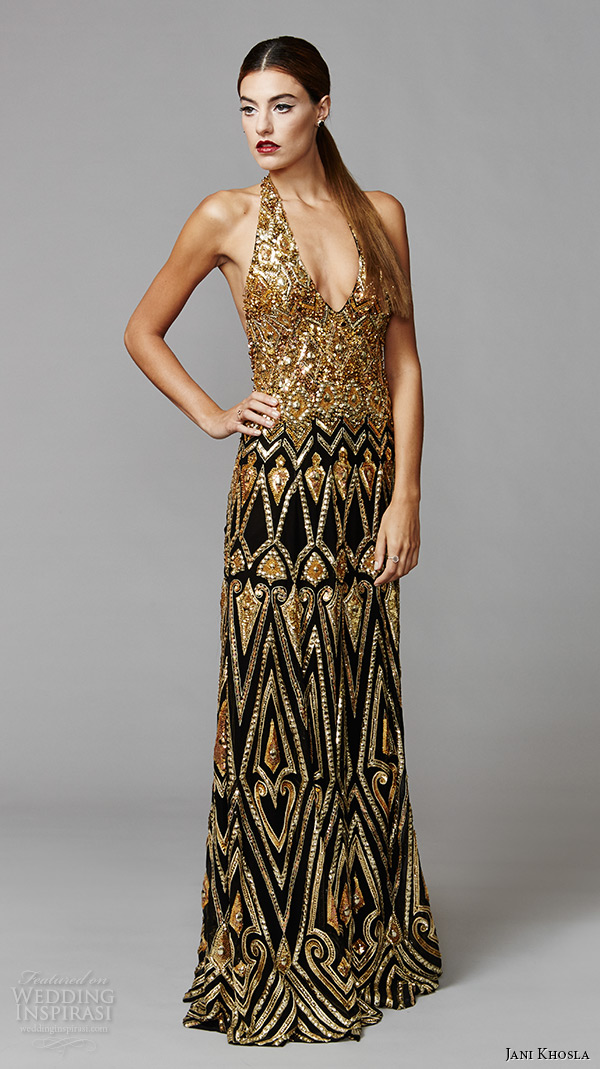 jani khosla 2015 bridal evening dress halter neck gold glitter crystals beaded sheath bridal gown art deco jani khosla 2015 bridal evening dress halter neck gold glitter crystals beaded sheath bridal gown art deco