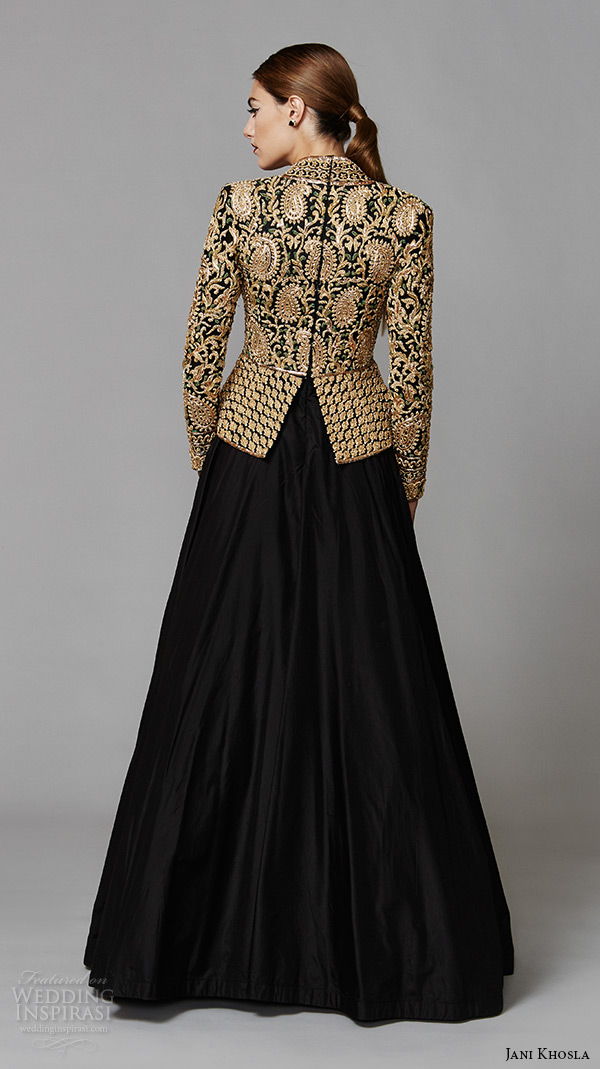 jani khosla 2015 bridal evening dress long sleeves v neck gold embroidery top black skirt a line gown zardozi back view