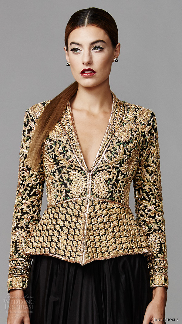jani khosla 2015 bridal evening dress long sleeves v neck gold embroidery top black skirt a line gown zardozi close up lehenga kameez jani khosla 2015 bridal evening dress long sleeves v neck gold embroidery top black skirt a line gown zardozi close up lehenga kameez