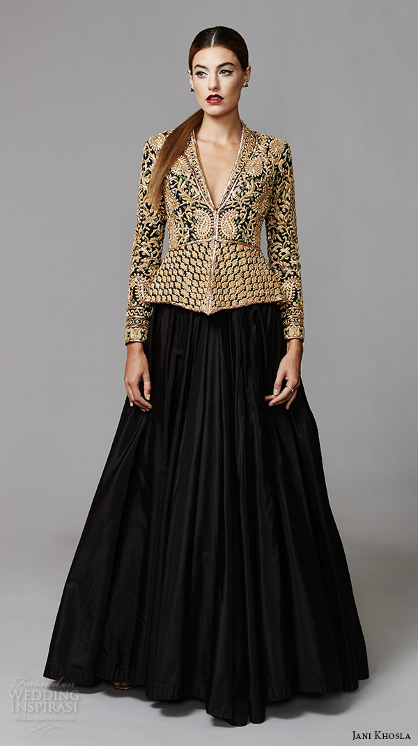 jani khosla 2015 bridal evening dress long sleeves v neck gold embroidery top black skirt a line gown zardozi