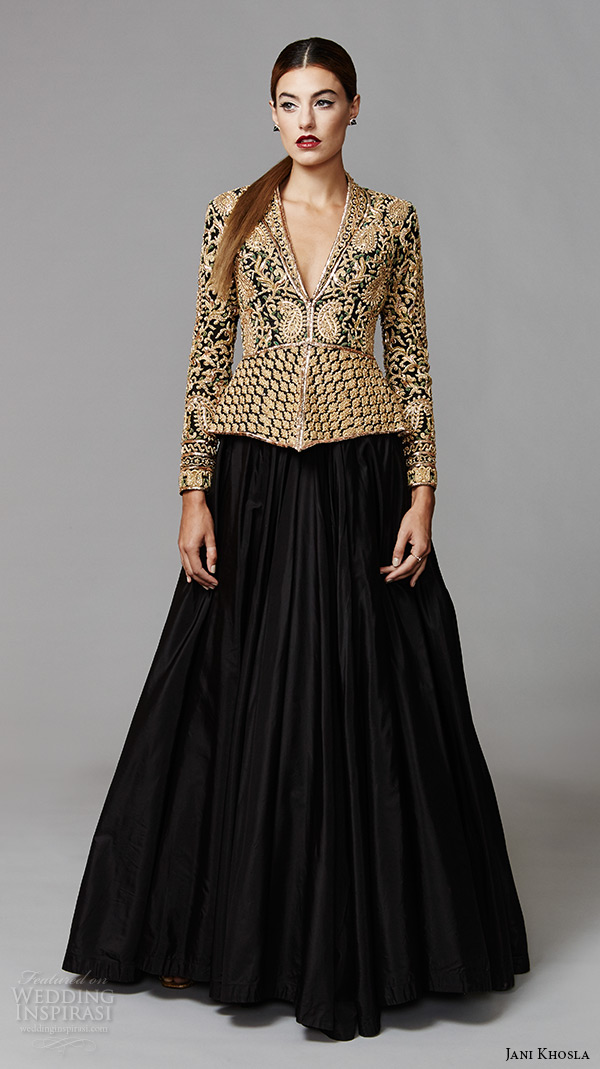 jani khosla 2015 bridal evening dress long sleeves v neck gold embroidery top black skirt a line gown zardozi jani khosla 2015 bridal evening dress long sleeves v neck gold embroidery top black skirt a line gown zardozi