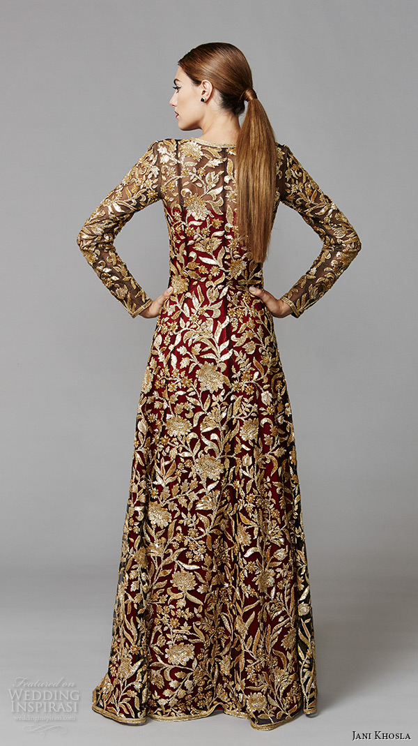 jani khosla 2015 bridal evening dress long sleeves v neck gold floral emrboidery on red sheath indian bridal gown lotus sequence back