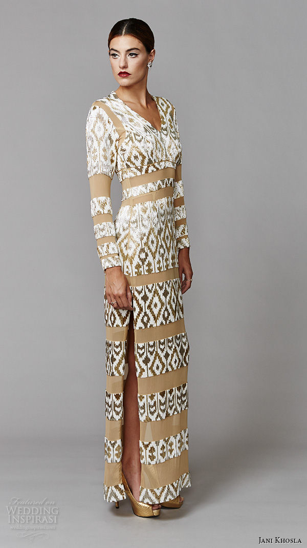 jani khosla 2015 bridal evening dress long sleeves v neck side slit sheath gown god white beaded jani khosla 2015 bridal evening dress long sleeves v neck side slit sheath gown god white beaded