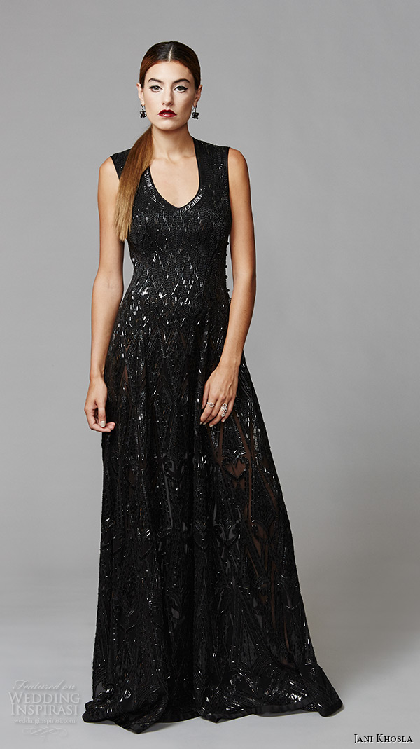 jani khosla 2015 bridal evening dress sleeveless black beaded black sheath gown art deco