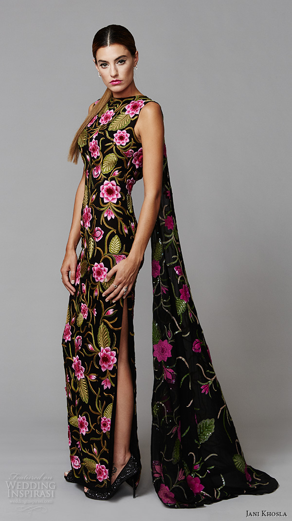 jani khosla 2015 bridal evening dress sleeveless jewel neckline floral side slit sheath gown pink lotus