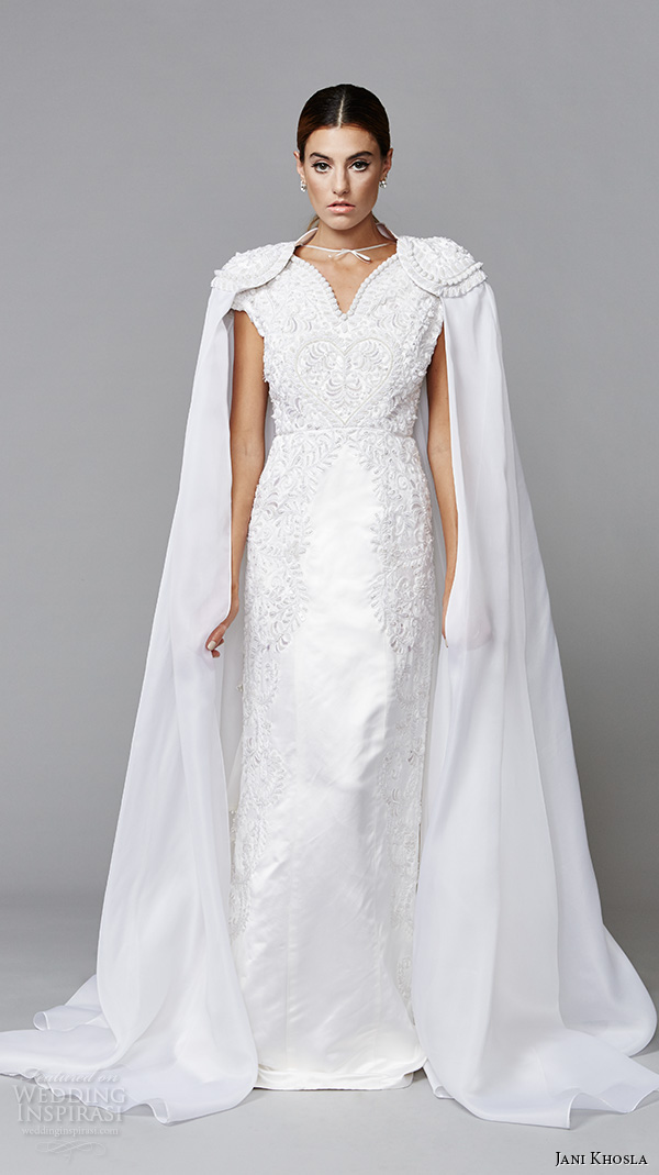 jani khosla 2015 bridal evening dress v neck cap sleeves embroidered white sheath gown with cape fantasique