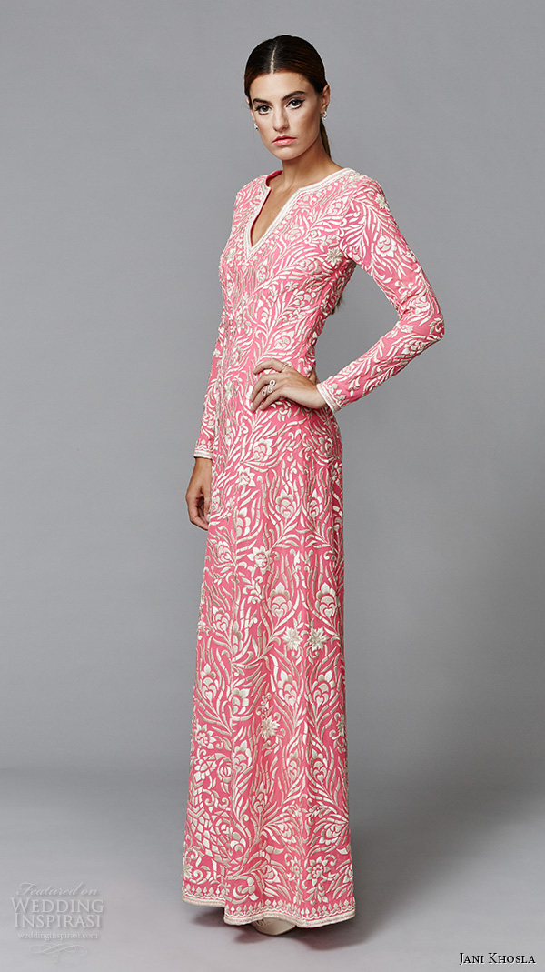 jani khosla 2015 bridal evening dress v neckline long sleeves silver floral embroidery pink sheath gown neon pink floral