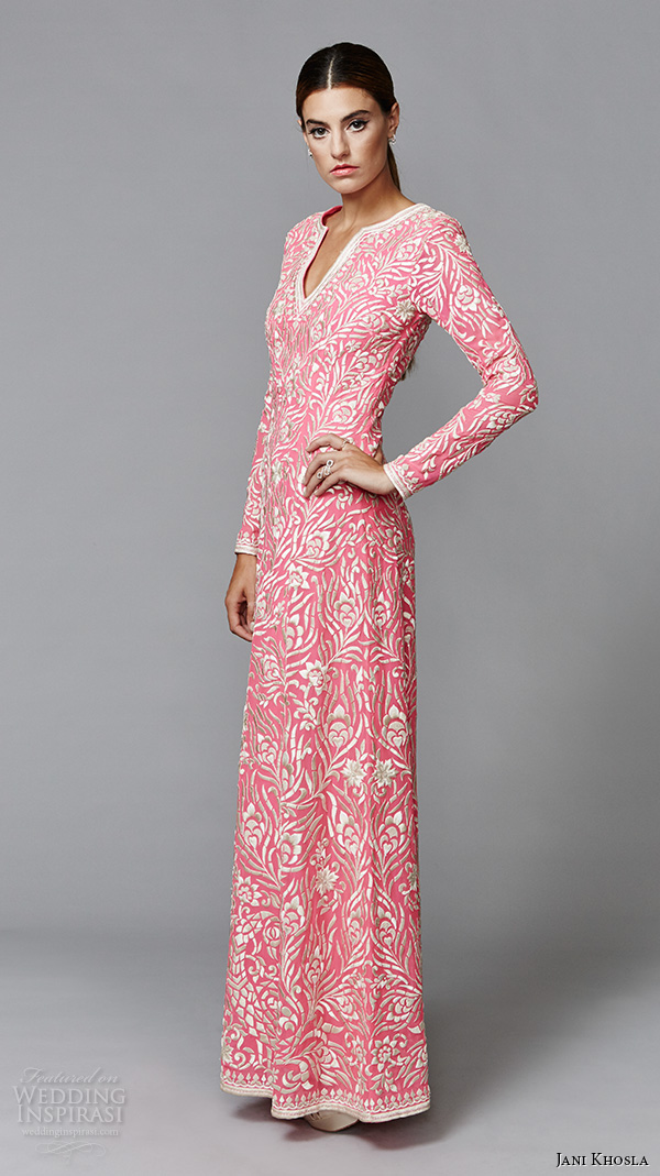 jani khosla 2015 bridal evening dress v neckline long sleeves silver floral embroidery pink sheath gown neon pink floral jani khosla 2015 bridal evening dress v neckline long sleeves silver floral embroidery pink sheath gown neon pink floral