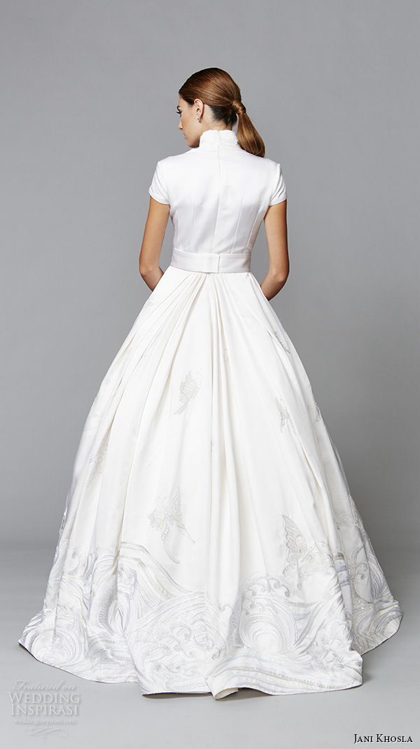 jani khosla 2015 bridal high neck mandarin nehru collar short sleeves sheer keyhole chest butterfly embroidery white ball gown wedding dress papillon back jani khosla 2015 bridal high neck mandarin nehru collar short sleeves sheer keyhole chest butterfly embroidery white ball gown wedding dress papillon back