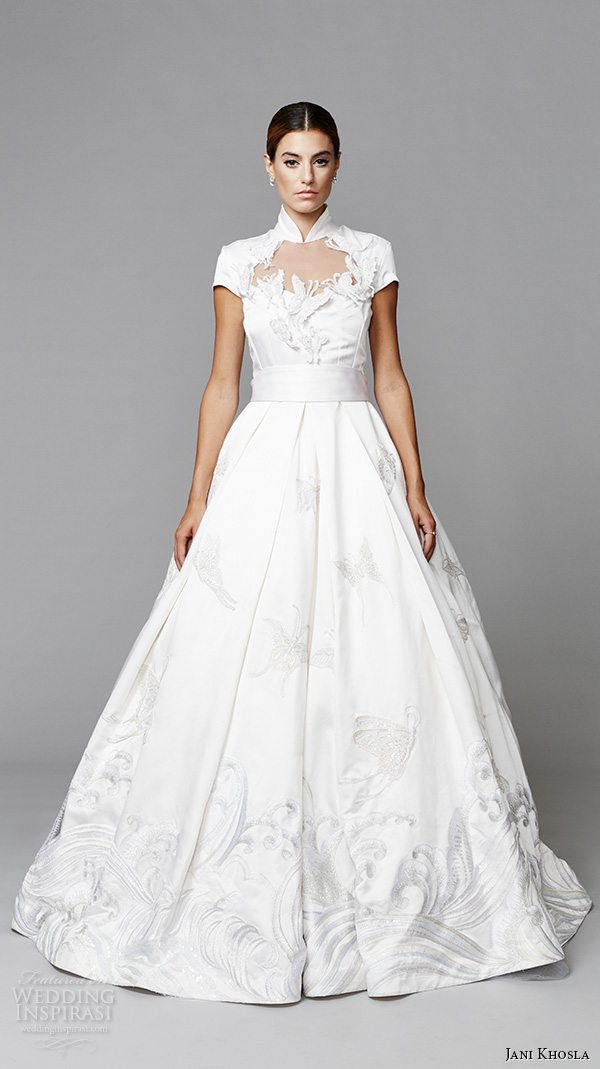 jani khosla 2015 bridal high neck mandarin nehru collar short sleeves sheer keyhole chest butterfly embroidery white ball gown wedding dress papillon