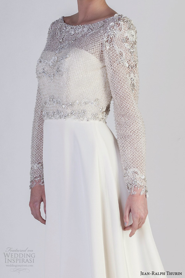 jean ralph thurin spring 2016 bridal bateau neckline net long sleeves topper a line wedding dress electra king closeup